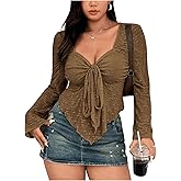 BEAUDRM Women's Y2K Plus Size Floral Print Tee Shirts Lettuce Trim Tie Front Bell Long Sleeve Mesh Crop Tee Tops