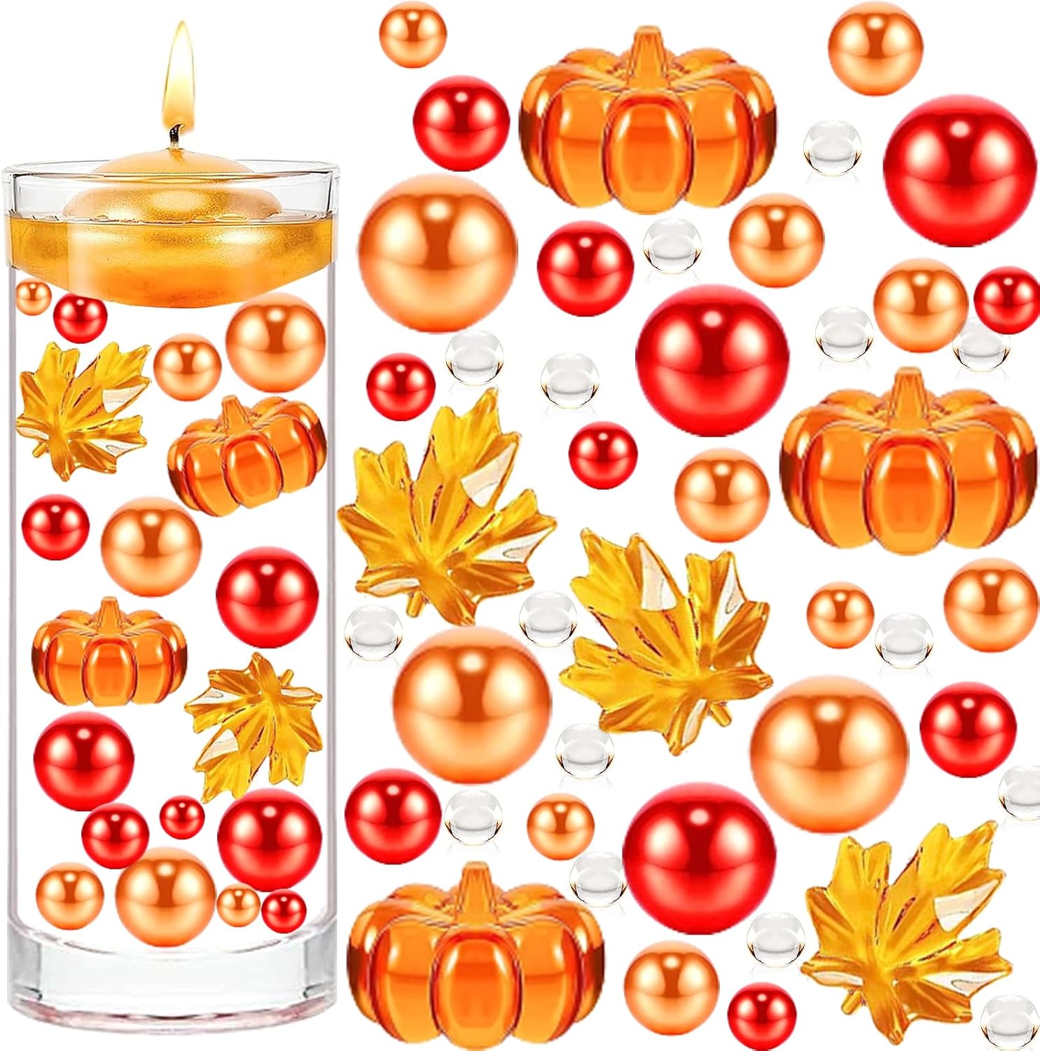 Vase Fillers - 10111pcs Thanksgiving Vase Filler Set Faux Pearl for Vase Filler Fall Pearls Water Gels Bead Floating Candle Centerpiece for Thanksgiving Halloween Fall