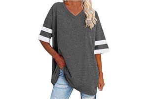 Binmer Oversized Short Sleeve T Shirts for Womens V Neck Tee 2024 Summer Casual Loose Striped Tunic Tops Workout Blouse