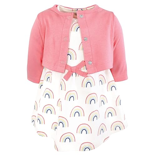 Touched by Nature Infant Toddler Girls Organic Cotton Dress and Cardigan, Rainbows Sunshine, 2T