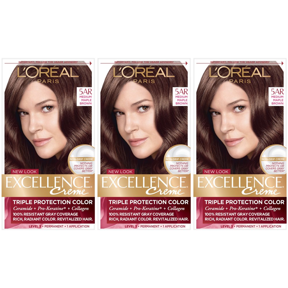 L'Oreal Paris Excellence Creme Permanent Hair Color, 5AR Medium Maple Brown (3 Count)