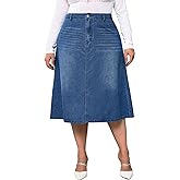 Milumia Women's Plus Size Jean Midi Skirt High Waisted A Line Denim Skirts Casual