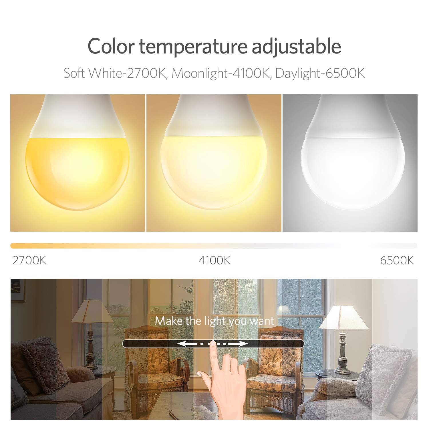 Smart Lampe, Wlan Lampe 2700K-6500K RGBW effiziente Wärmeableitung LED Lampe dimmbar Farbe steuerbar via APP unbeschränkte Modi, kompatibel mit Google Home & Amazon Alexa, energiesparend 7W, E27, 2 Packs [Energieklasse A+]