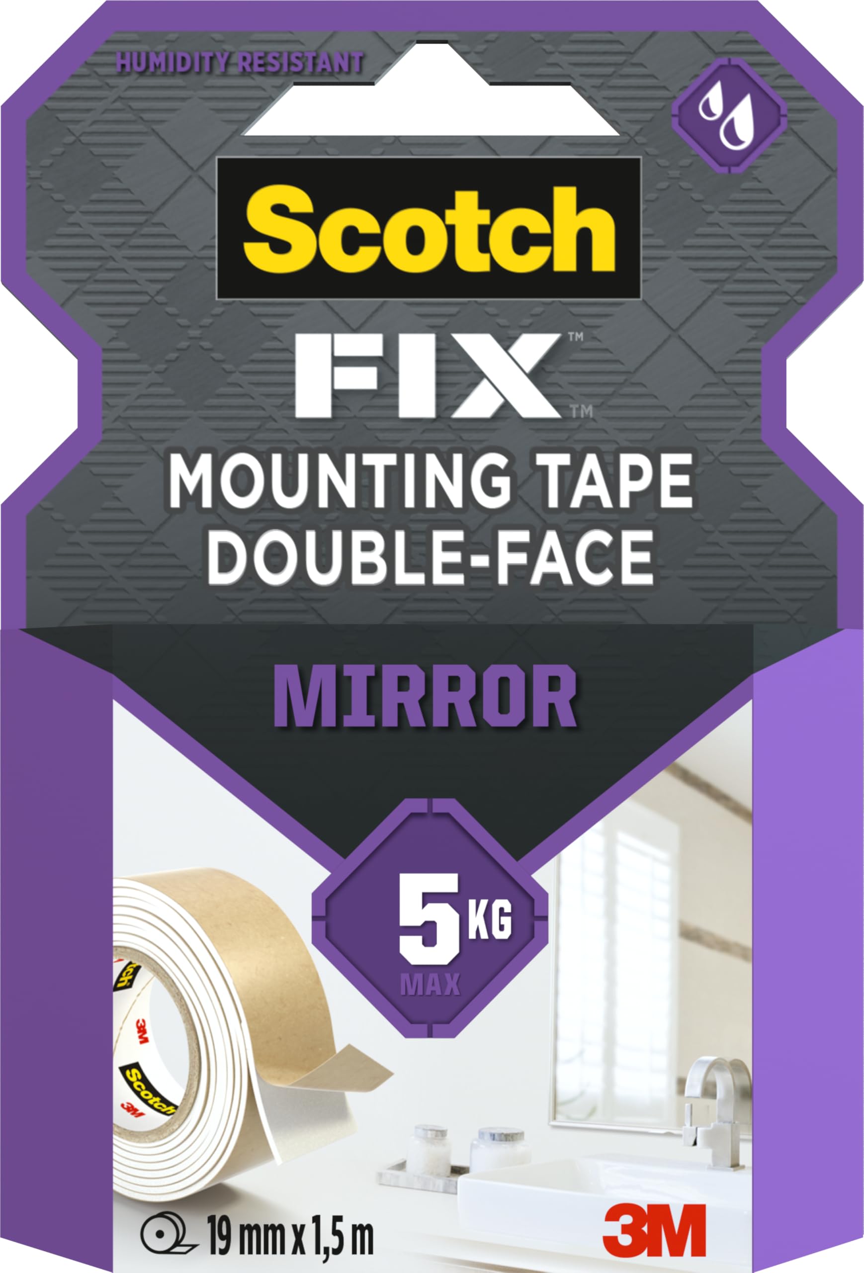 Scotch-Fix Mirror Mounting Tape 4496W-1915-P, 19mm x 1,5m, 1 roll/pack (Packaging May Vary), White