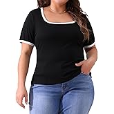 Agnes Orinda Plus Size Top for Women Square Neck Short Sleeve t Shirt Ribbed Color Block Slim Fit Knit Basic Tee Tops