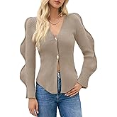 Saodimallsu Womens Button Up Cardigans V Neck Ribbed Knit Fitted Sweaters Long Sleeve Trendy Split Going Out Tops