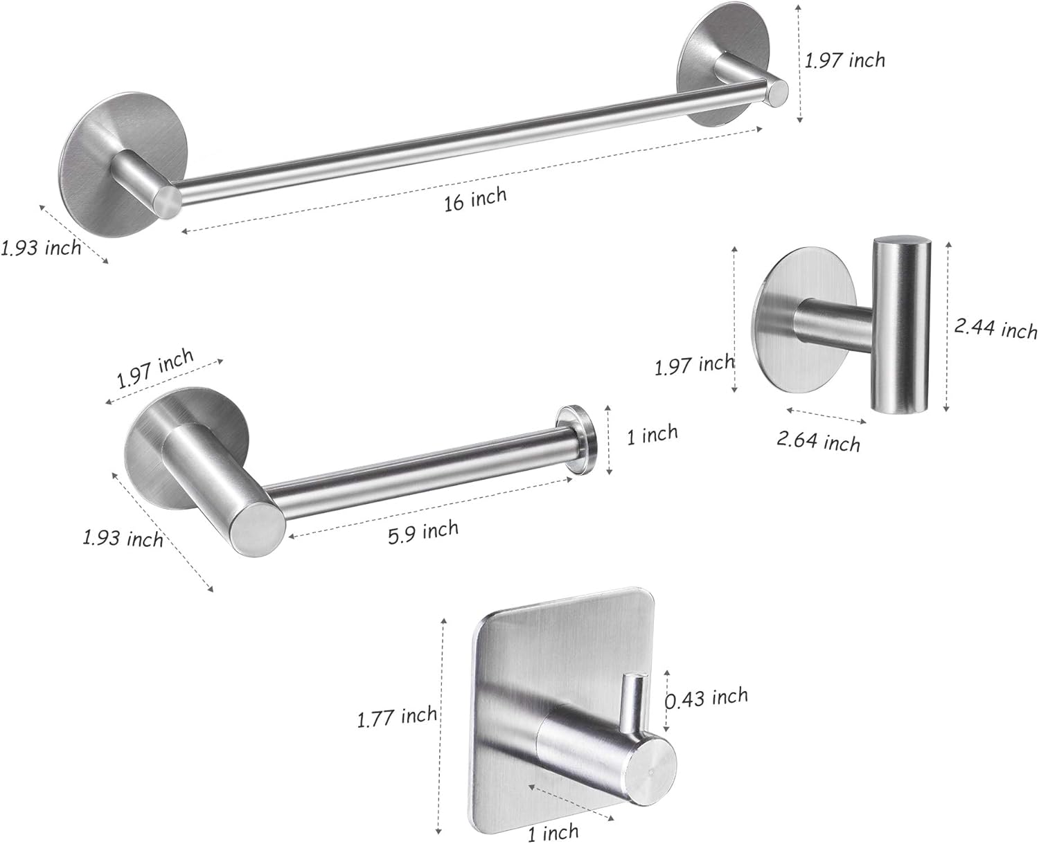 Bsicpro Bathroom Hardware Set 5-Piece Adhesive 304 Stainless Steel Bath Accessories Kit 16" Lengthen Hand Towel Bar+Toilet Paper Holder+3 Robe Towel Hooks (Brushed Nickel): Home & Kitchen