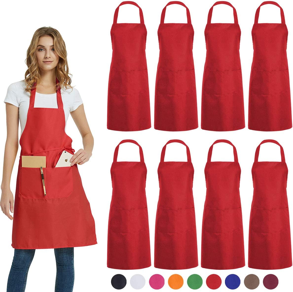 DUSKCOVE 8 Pack Bib Aprons Bulk Unisex Red Commercial