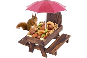 Owfeel Squirrel Feeder Table with Umbrella, Wooden Squirrel Picnic Table, Squirrel Feeder with Corn Cob Holder for Garden Trees Forest House (Brown 2)