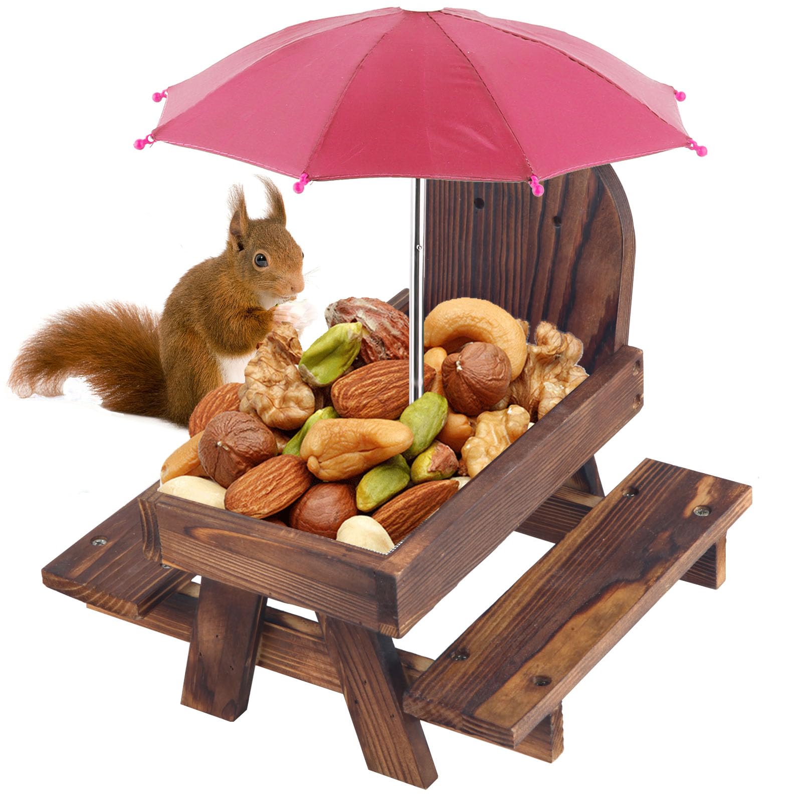 Creechwa Brown Squirrel Feeder, Wooden Squirrel Picnic Table, Outdoor Bird Squirrel Feeding Station with Umbrella and Corn Cob Holder for Garden Trees Forest House