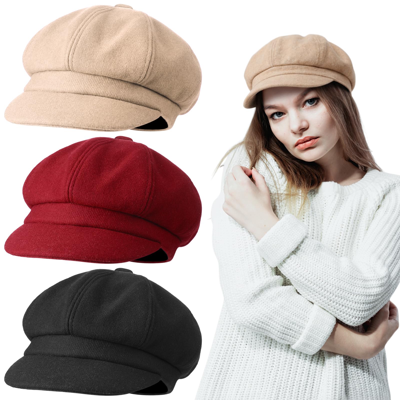 Photo 1 of **recommend washing*3 Pcs Women Newsboy Cap Adjustable Winter Warm Hats Visor Beret Soft Wool Fashion Vintage Hat Octagonal Cap(Camel, Wine Red, Black)