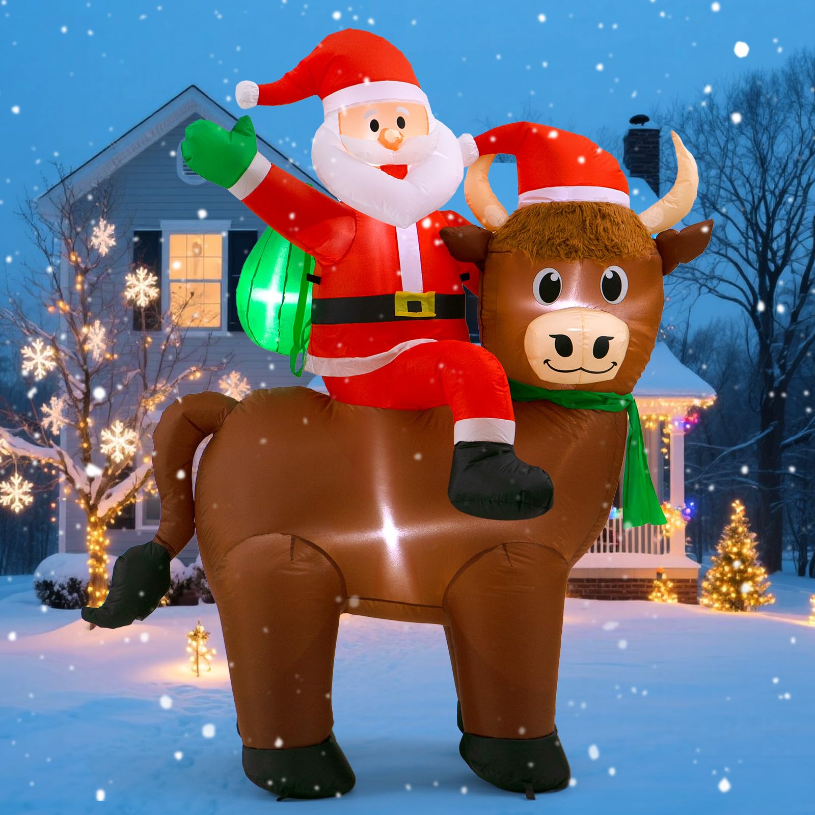 Photo 1 of 6FT Highland Cow Christmas Inflatables: Santa Claus with Highland Cow, Santa Blow Ups Outdoor Decorations Garden Decor, Built-in LED Lights, Cute Farm Animals for Outside Yard Lawn Xmas Party