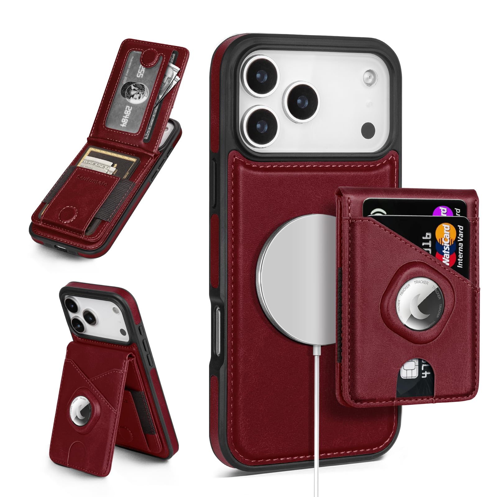 Scutumate Compatible with MagSafe iPhone 17 Pro Max Case Wallet with AirTag Holder,Men Women Magnetic Detachable 2 in 1 PU Leather RFID Blocking Credit Card Holder Flip Folio Cover Kickstand,Wine Red