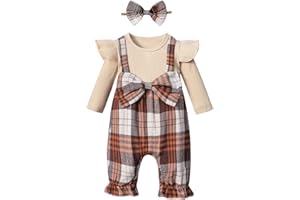 Queenstyle Newborn Baby Girl Clothes Romper Long Sleeve Ruffle Jumpsuit Cute Infant Girl Fall Winter Outfits with Headband