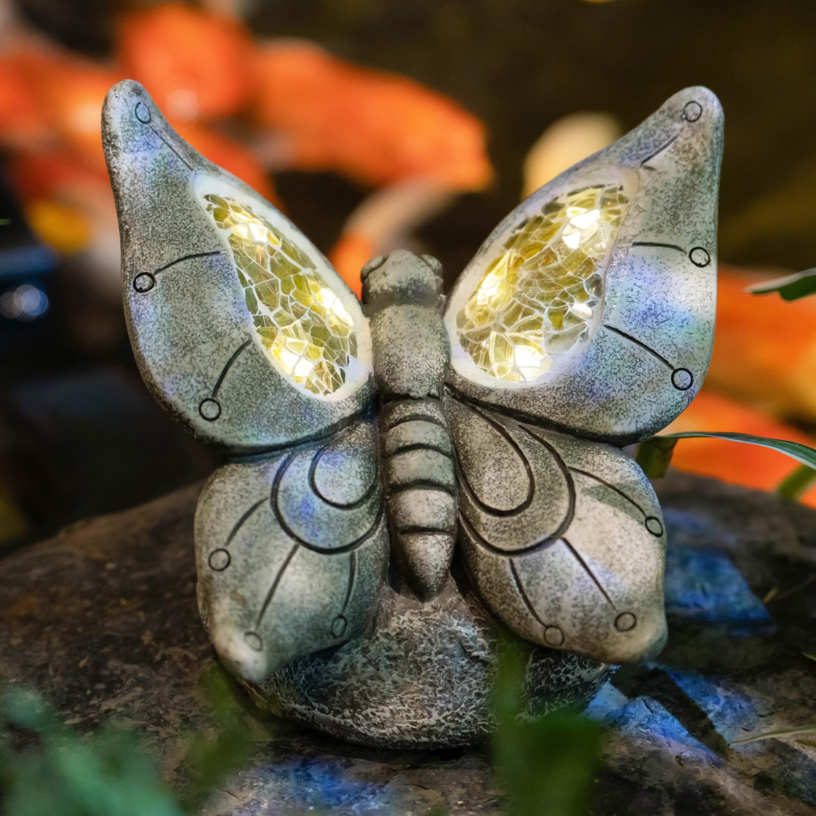 Rezpuao Garden Statue Butterfly,Solar Butterfly Decor for Outdoor,Resin Butterflies Figurine with Solar Light for Patio,Balcony,Yard,Lawn Ornament,Perfect Garden Gift Image