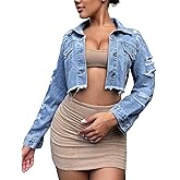 FairBeauty Women's Washed Distressed Denim Jacket Long Sleeve Ripped Button Up Cropped Jean Jacket