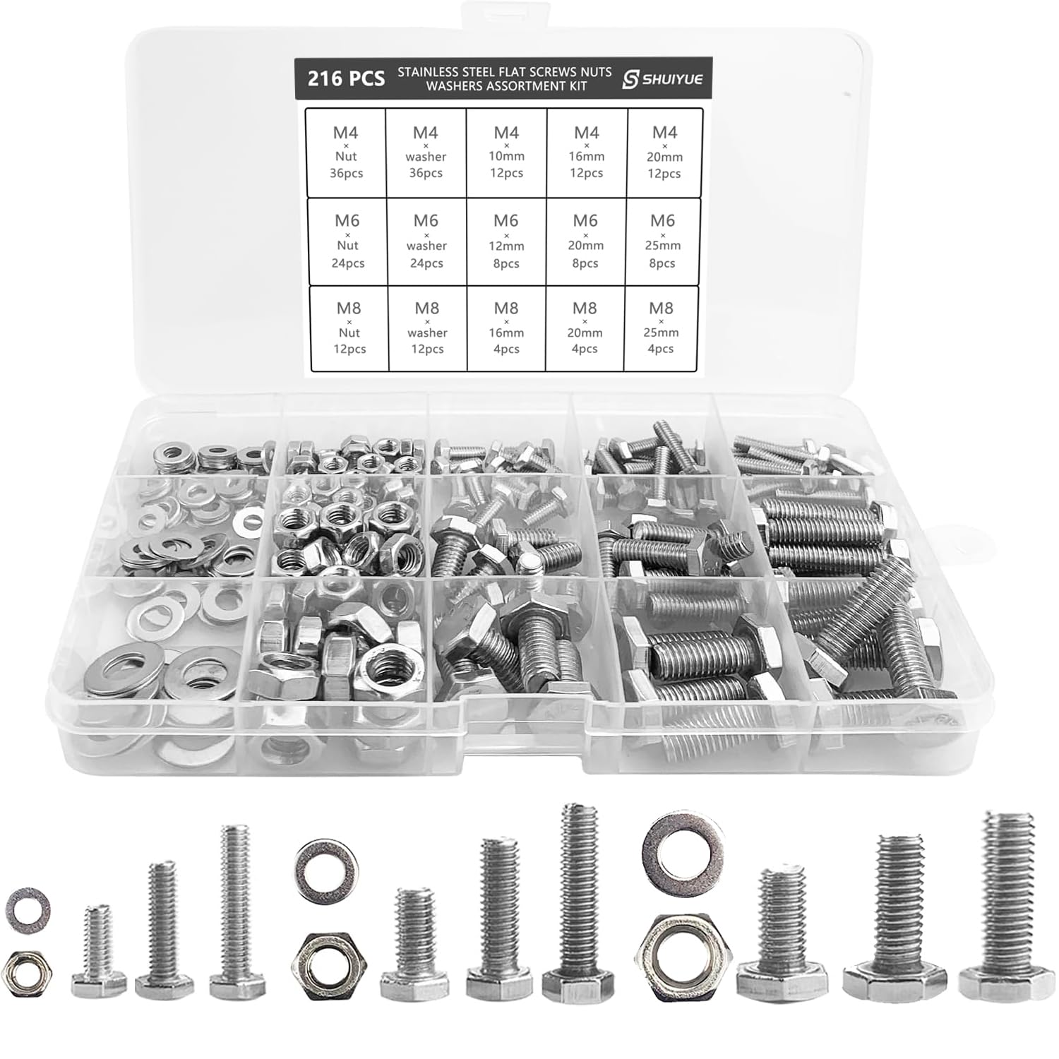 SHUIYUE 216pcs Hex Bolt Set, M4 M6 M8 Nuts And Bolts, Hex Nuts And Washers, Stainless Steel, For DIY Repair