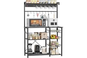 Kalrin Large Bakers Rack with Power Outlets 38.8 Inches, 15 Hooks Coffee Bar with 3 Wire Basket, Microwave Stand Kitchen Storage Shelf for Spices, Cups, Pots, 38.8 x 16.3 x 62.2 in, Gray Oak