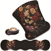 3 in 1 Keyboard Wrist Rest + Mouse Pad and Coaster, Ergonomic Gel Mouse Pad and Keyboard Pad Set, Comfortable Lightweight for Easy Typing Pain Relie, Butterflies, Roses and Skull