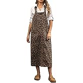 loveimgs Women Casual Leopard Long Denim Dress Bib Overall Pinafore Strap Cheetah Print Jean Jumper Dress Patchwork