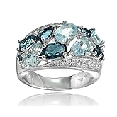 Ice Gems Sterling Silver Genuine London Blue, Blue and White Topaz Cluster Tonal Ring