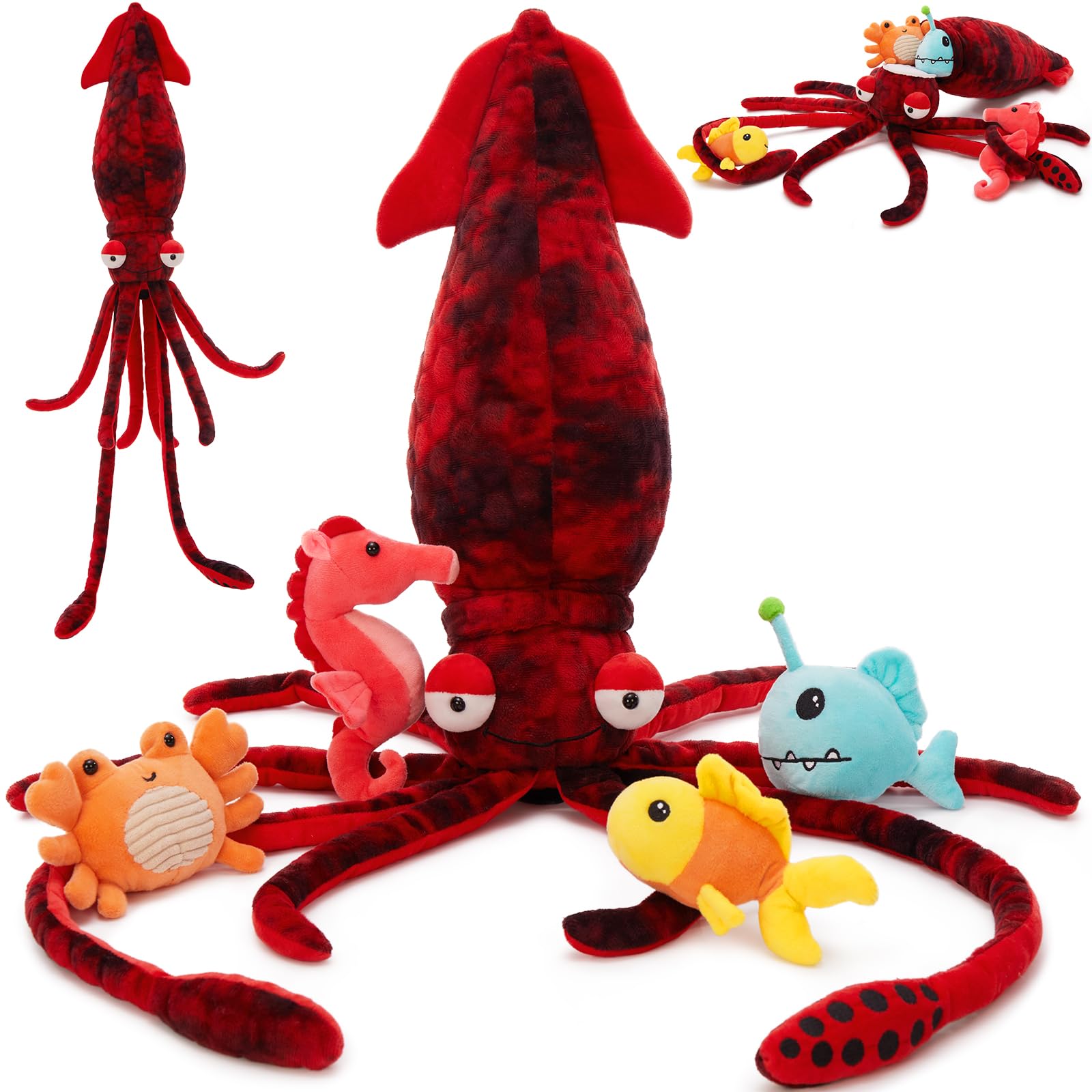 Karister 5Pcs Giant Squid Stuffed Animal with 4 Sea Animal Plush Toy, Clownfish Crab Seahorse Angler Fish Baby Stuffed, 41.3" Squid Plush for Boys Girls Kids, Ocean Theme Party Decor Image