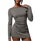 Milumia Women's Striped Long Sleeve Mini Dress Boat Neck Casual Bodycon Short Dresses