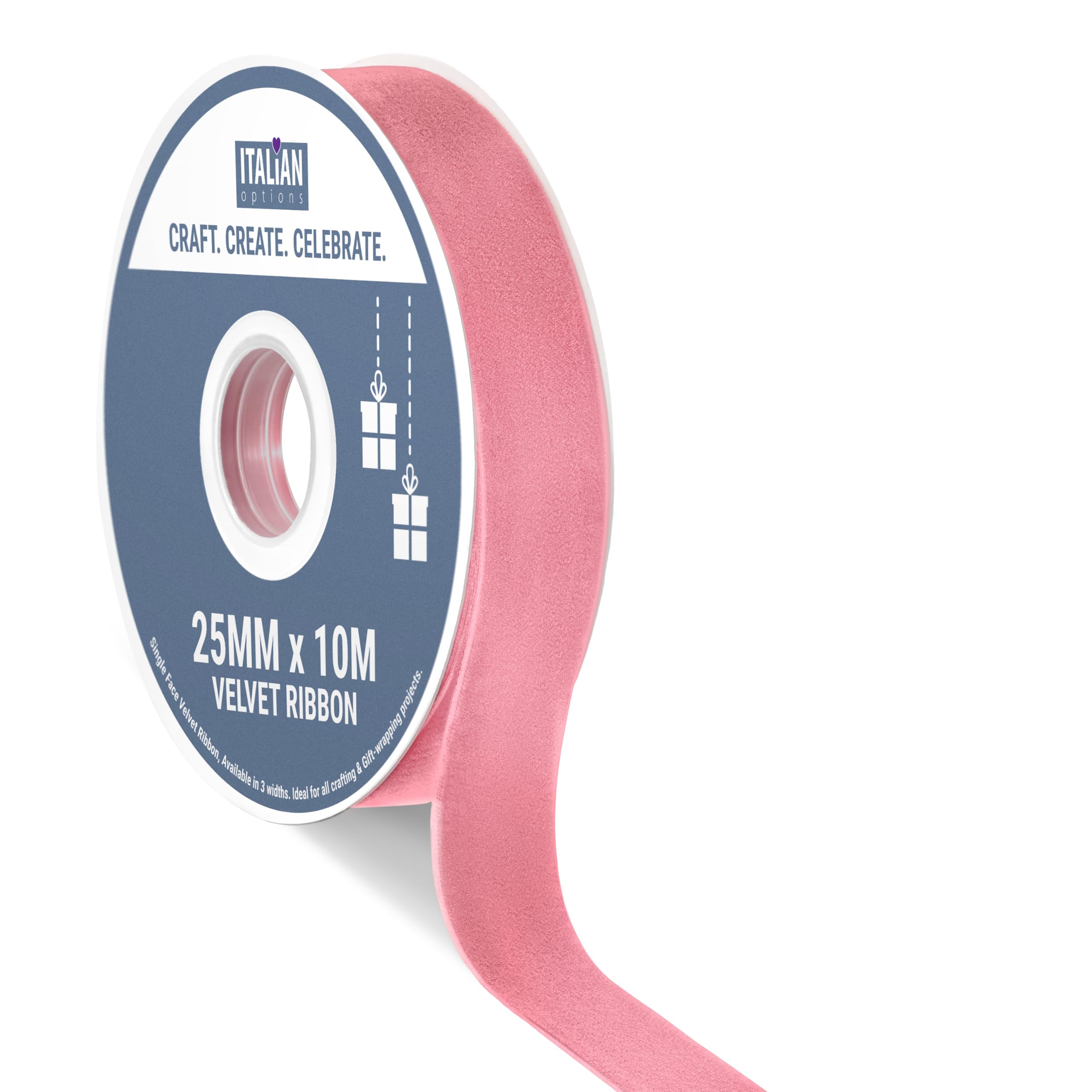 Italian Options Velvet Ribbon, Luxury, Single-Face Velvet Ribbon for Crafting, Christmas, Bows, Hair, Cakes, Weddings, Ornaments, Gift Wrapping, Flowers, 25mm x 10 Metre Roll, Vintage Pink