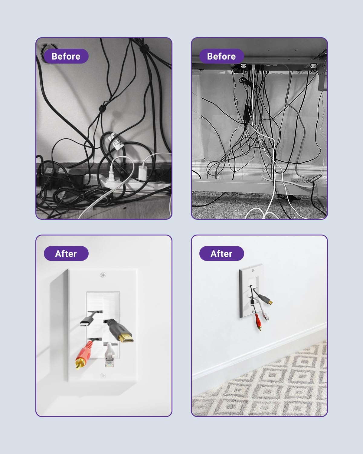 VCE Brush Wall Plate with Mounting Bracket 3-Pack, Cable Pass Through Insert Single Gang Wall Cover for Low Voltage Cables, Cord Hider for Wall Mount TV, Home Theater System, White