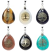 Flemtai 6 Pieces Tree of Life Gemstone Crystal Pendant Waterdrop Shape Natural Stone Alloy Pattern Setting Charms for Jewelry Making Necklace Meditation
