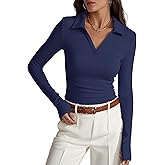 Prettywear Womens Long Sleeve Polo Shirts Business Casual Work Top Blouse Fitted Collared V Neck 2026 Spring Fashion Clothing