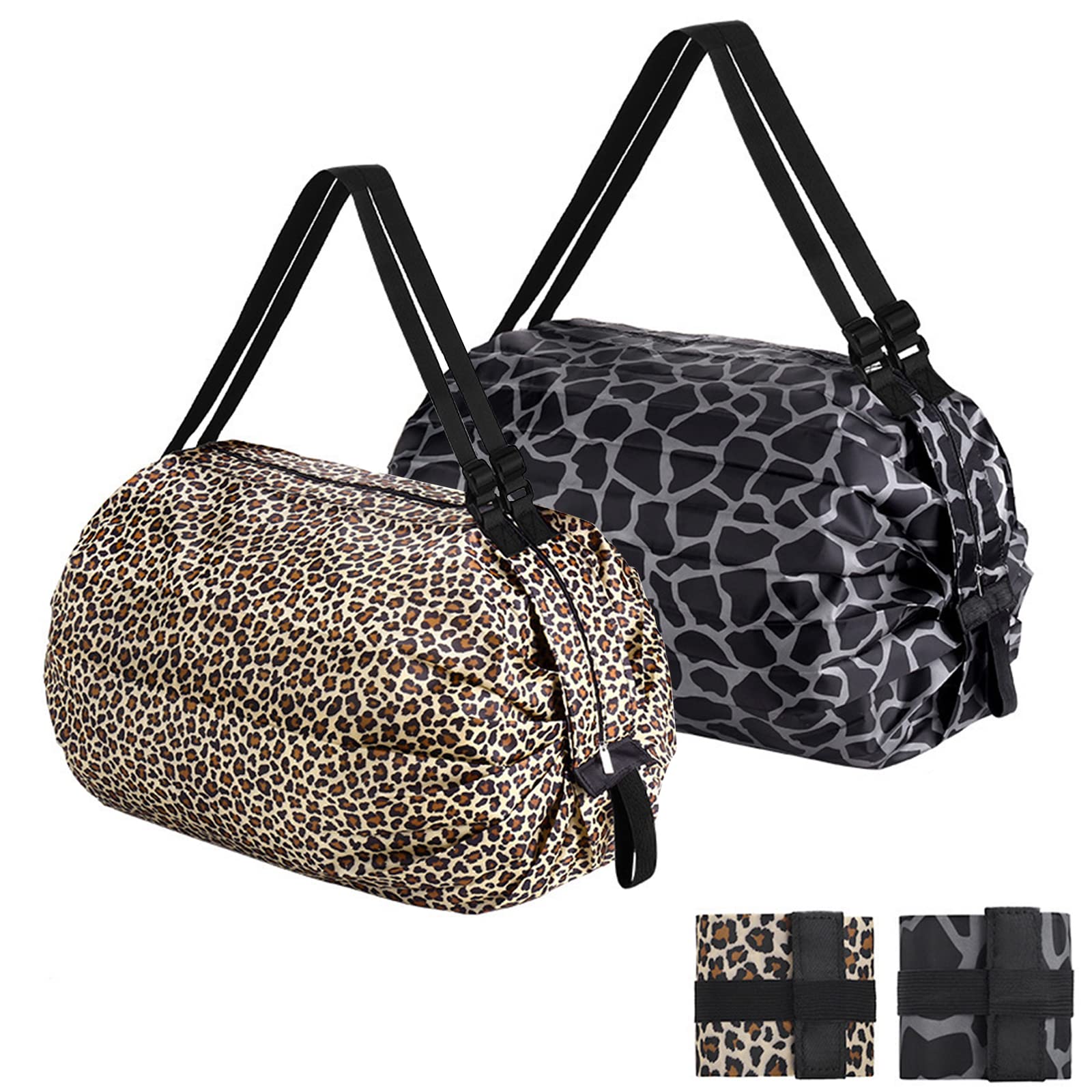 QZDAFFIC Shopping Bags - 2Style Reusable Folding Travel Bags with Handles, Heavy Duty Handbags Hold 15KG, Portable Non-Woven Shopper Basket Bag for Moving Gym Beach Market Leopard + Black XXL X-Large — image 1