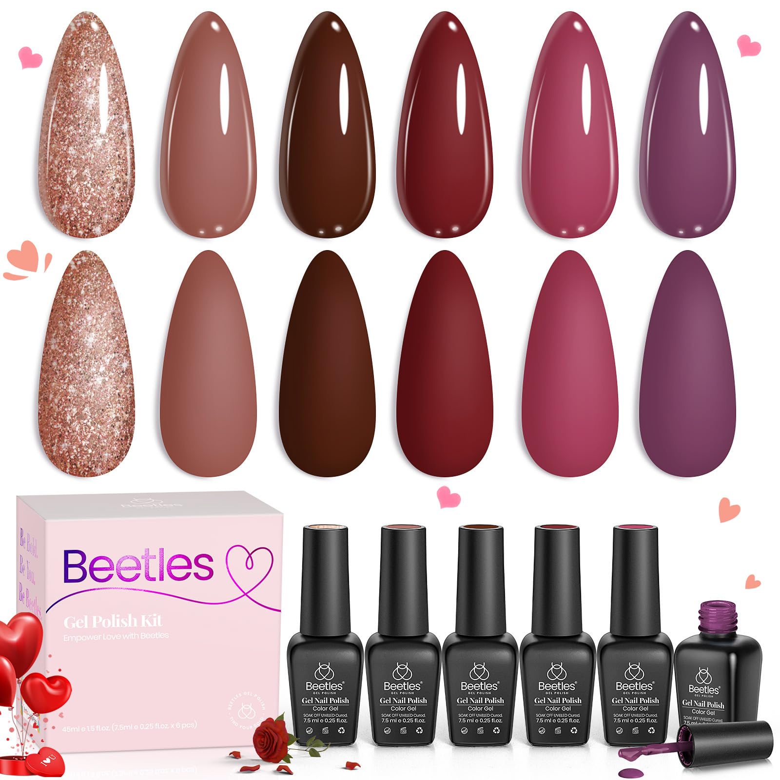 Beetles Pink Gel Nail Polish Set, 6 Pcs Burgundy Red Glitter Nail Polish Pink Brown Silent Flower Set Soak Off UV LED Nail Lamp Art Manicure Salon DIY Home Gifts for Women