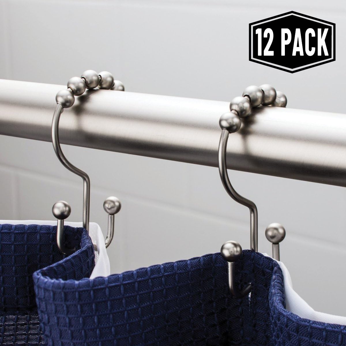 2lbDepot Double Shower Curtain Hooks Rings (Brushed Nickel, Satin Decorative Finish) Premium Rust Resistant Stainless Steel Metal Hook, Roller Balls Glide on Shower Rods, Set of 12: Home & Kitchen