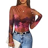 ZESICA Floral Long Sleeve Tops for Women Spring Mesh Mock Neck Ruched Fitted Shirts Going Out Blouses Trendy Clothes