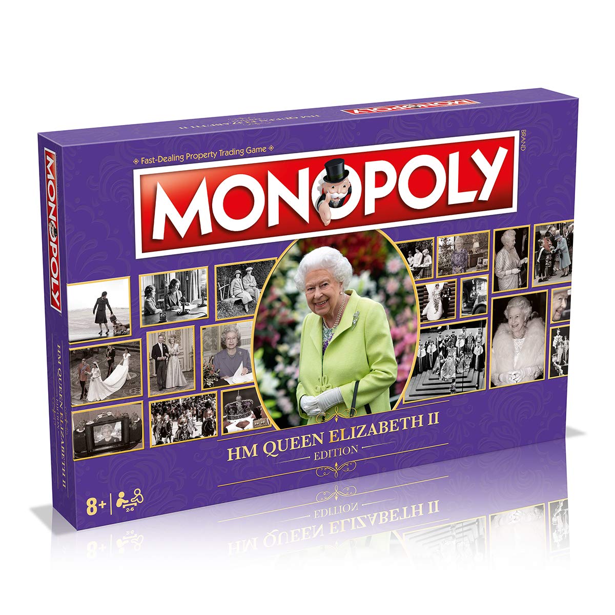 Winning Moves HM Queen Elizabeth II Monopoly Board Game, tour key moments in Her Majesty's life, Collect Royal Residence, Horses, Corgis and Weddings, gift for ages 8 plus