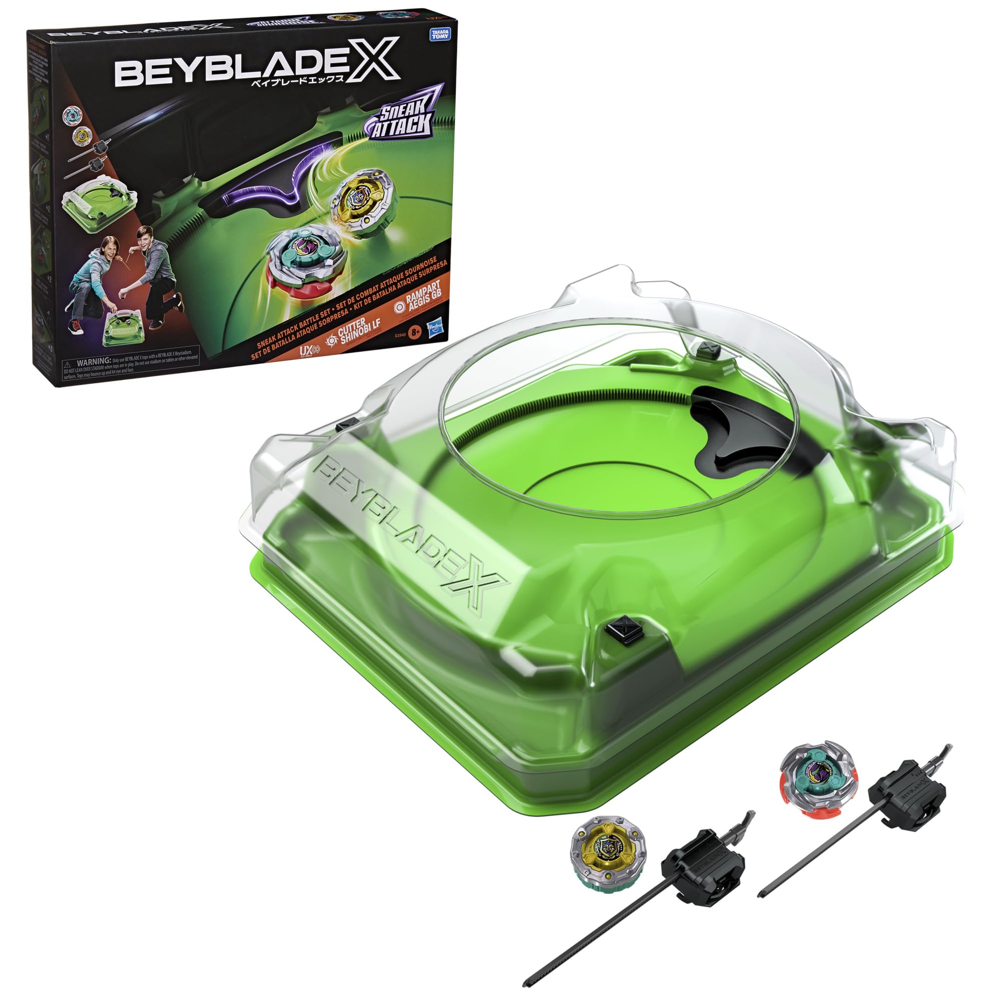 Beyblade X Sneak Attack Battle Set with Beystadium Arena, Rampart Aegis GB & Cutter Shinobi LF, 2 Right-Spinning Takara Tomy Battling Tops Game Toys, 2 Launchers, Ages 8+