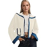 Ythomm Womens Scallop Lapel Collar Knit Cardigan Sweaters Color Block Long Bell Sleeve Open Front Fall Sweaters with Pockets