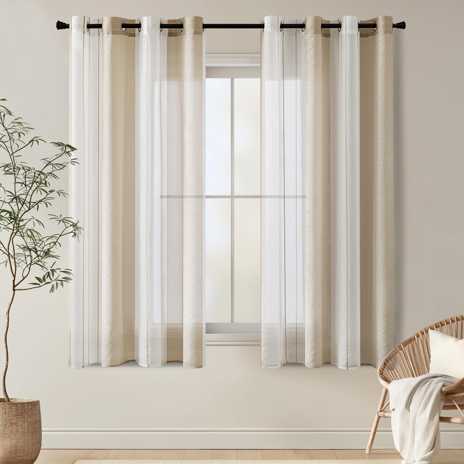 EMEMA Eyelet Sheer Striped Curtains Voile Curtains Living Room Modern Set of 2 Curtains Bedroom Transparent Pattern Striped Curtain Semi-Transparent 140x145cm White Beige