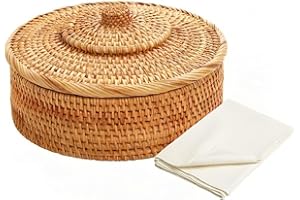 Wenqik 10 Inches Round Rattan Boxes with Lid and 2 Pcs Cotton Towel Cloth Wicker Storage Bin Rustic Rattan Basket for Organiz