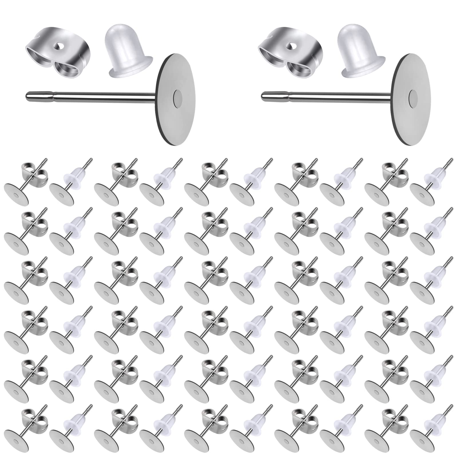 TOAOB 800pcs Stainless Steel Earring Backs Flat Pad 6 mm with Butterfly Backs and Transparent Silicone Clasps for Jewellery Accessories Making Creation