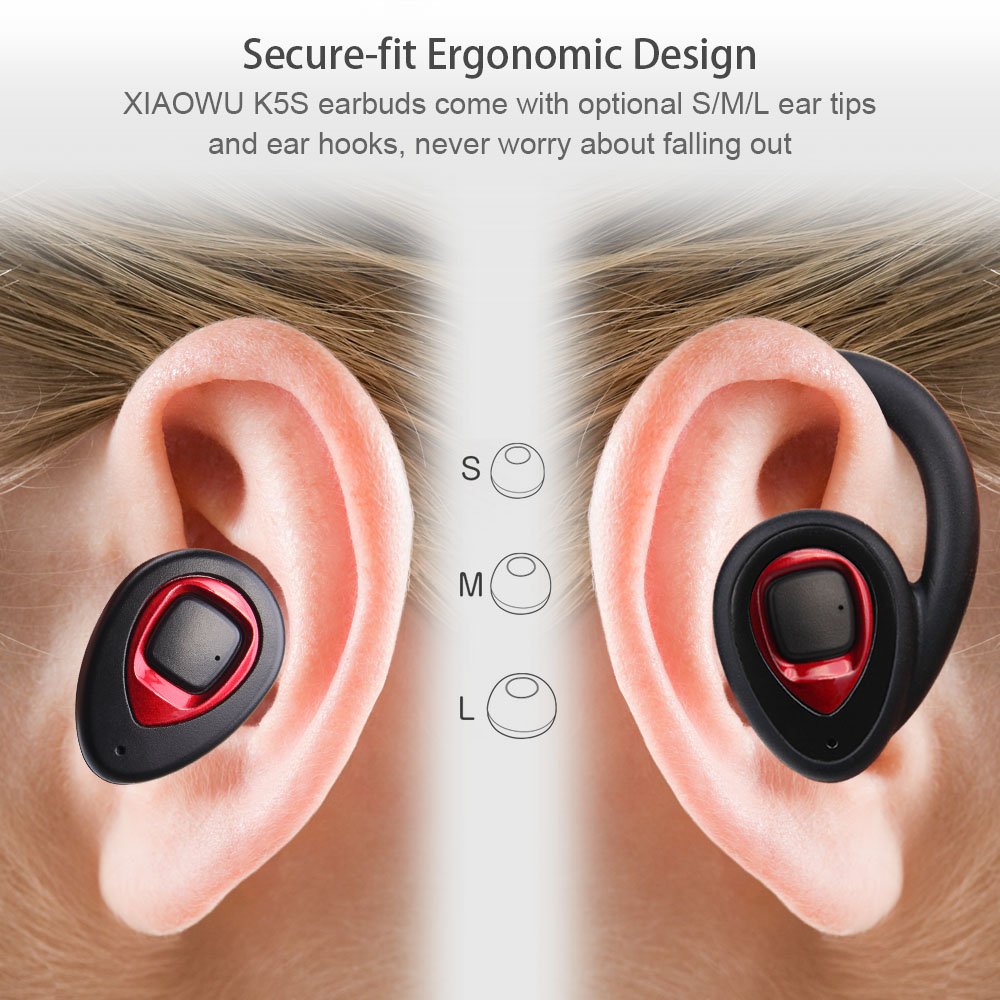 Cuffie Bluetooth senza fili – Mini Auricolari wireless bluetooth XIAOWU Effetto Stereo con Microfono Incorporato e Base di Ricarica per iPhone 8, 7 Plus, Samsung, iPad, Dispositivi Android (K5S-red)