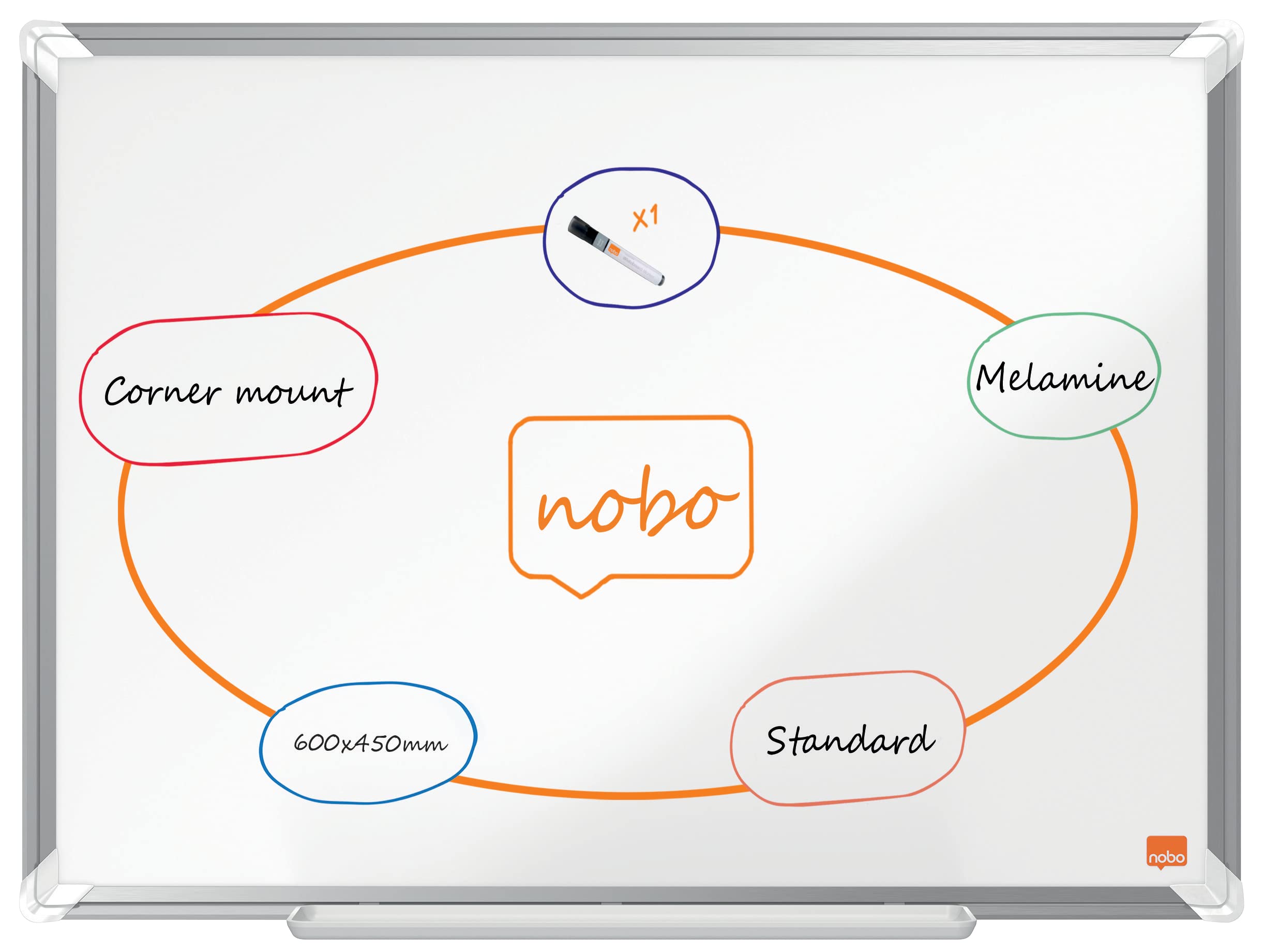Nobo Melamine Whiteboard, Non-Magnetic, 600 x 450mm, Aluminium Trim, Corner Wall Mounting, Includes Whiteboard Pen, Premium Plus, 60 x 45cm, White, 1915166