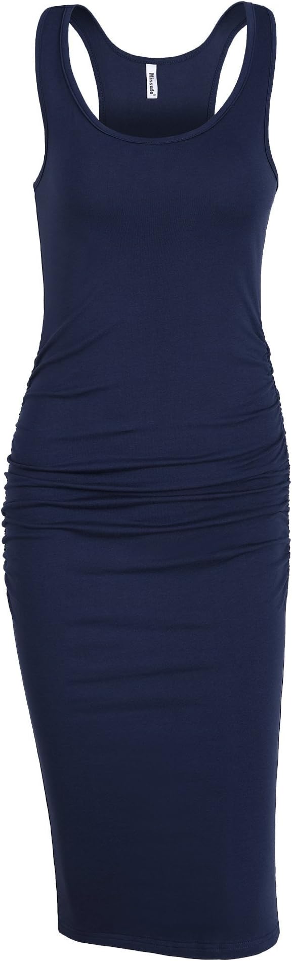 MissufeWomen's Sleeveless Racerback Tank Ruched Bodycon Sundress Midi Fitted Casual Dress
