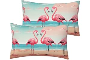 (Two Flamingos) Printed Rectangular Linen Texture Throw Pillow Covers 2 Pack 12x20 Inch Decorative Cushion Cases for Sofa Cou