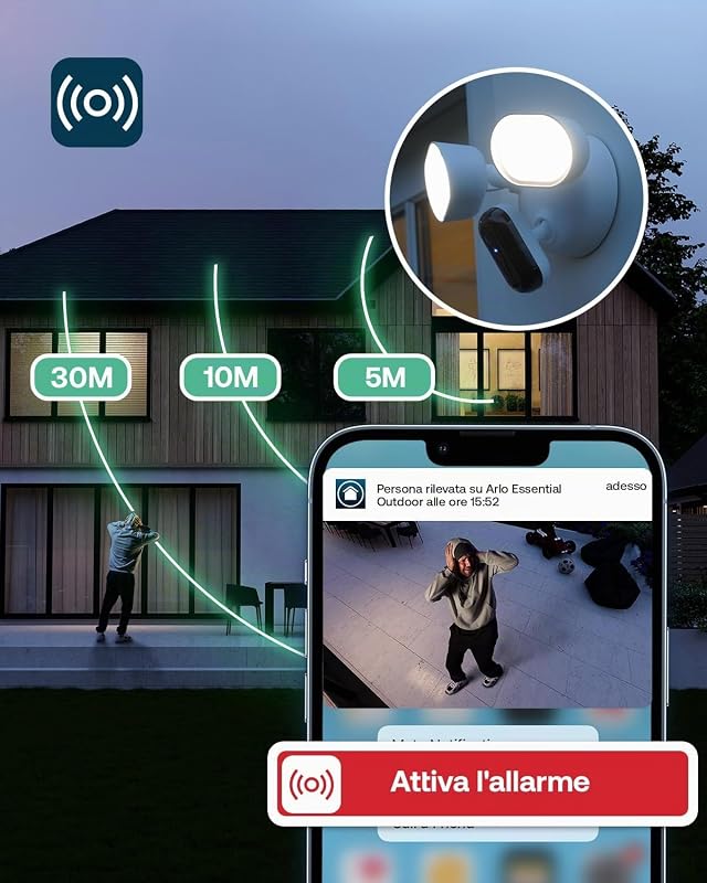 Floodlight 2K, Telecamera Wi-Fi da esterno, qualità 2K HDR, grandangolo 160°, visione notturna a colori, sirena d’allarme, fino a 2000 lumen, prova di Arlo Secure, 1 telecamera