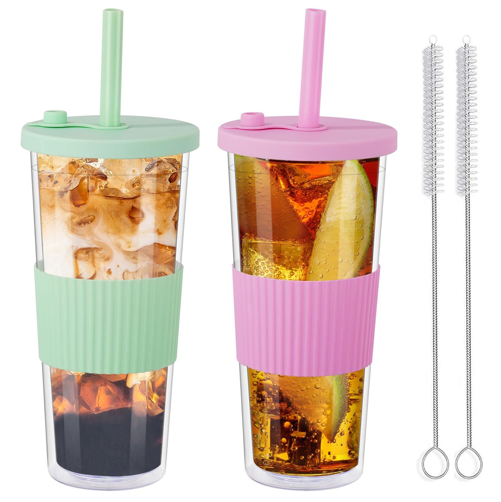 2 Pack Reusable Boba Tea Cups, 750ml/24oz Clear Water Tumbler with Straw & Lid, Leakproof Clear Plastic Mug Cup, Double Wall Smoothie Tumbler with Wide Straw for Bubble Tea, Milkshake, Iced Coffee
