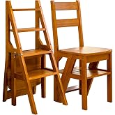4 Tier Folding Step Ladder, 3-in-1 Wooden Folding Ladder Chair, Portable Multi-Function Step Stool, 198 lbs Capacity Indoor and Outdoor Display Rack Flower Rack,for Library,Home,Kitchen (Light Walnut)