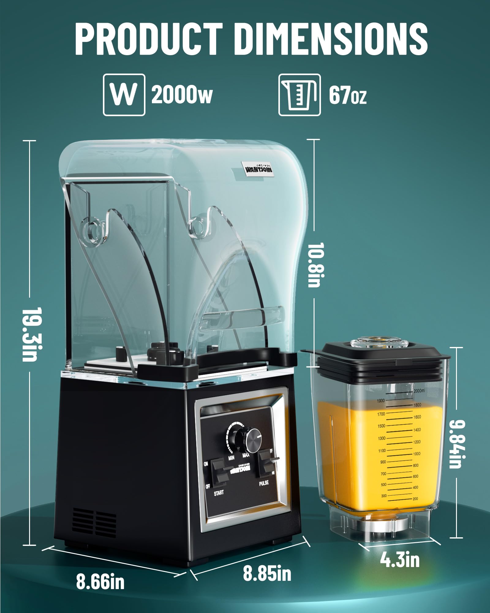 Licuadora de grado profesional Wantjoin - Licuadoras comerciales insonorizadas y silenciosas, protector extraíble, 2000 W de potencia, capacidad de 67 onzas - y bebidas congeladas (negra)