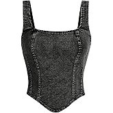 WDIRARA Women's Denim Corset Tank Top Asymmetrical Hem Crop Tops Sleeveless Zip Up Back Tanks